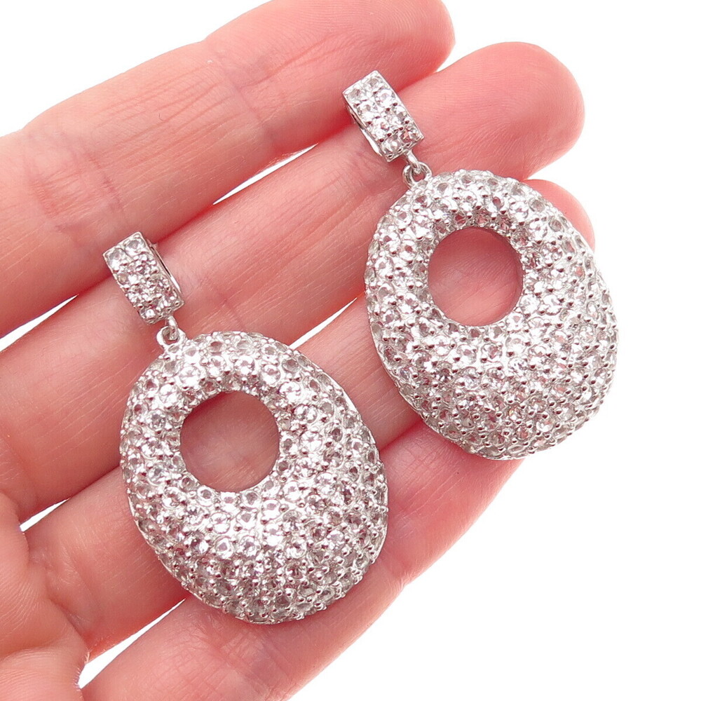 925 Sterling Silver Real Round-Cut White Topaz Crescent Dangle Earrings